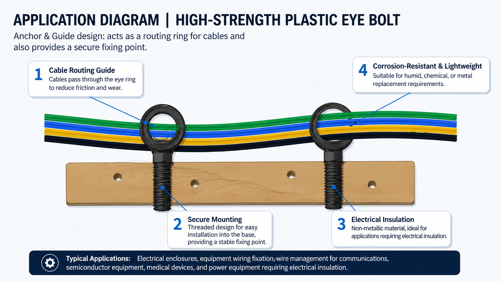 Product application illustration for high-strength plastic eyebolt