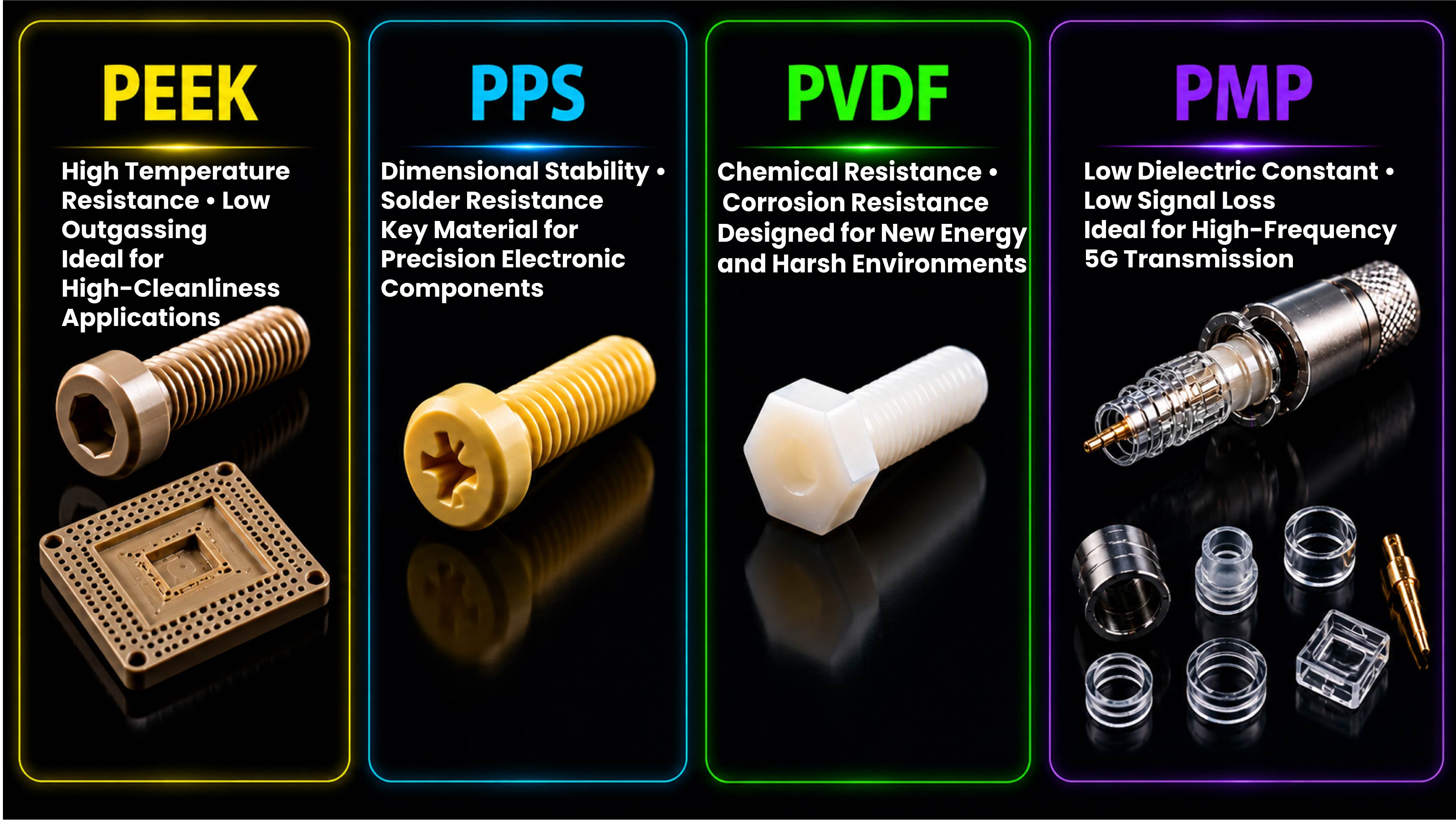 PEEK PPS PVDF PMP high-performance engineering plastics for electronics and communications applications