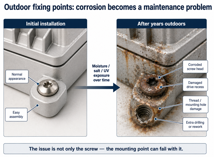 Outdoor fixing points corrosion becomes a maintenance problem